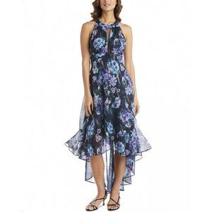NIGHTWAY Womens Flowy High-Low Hem Dress Floral Print Navy Size 10